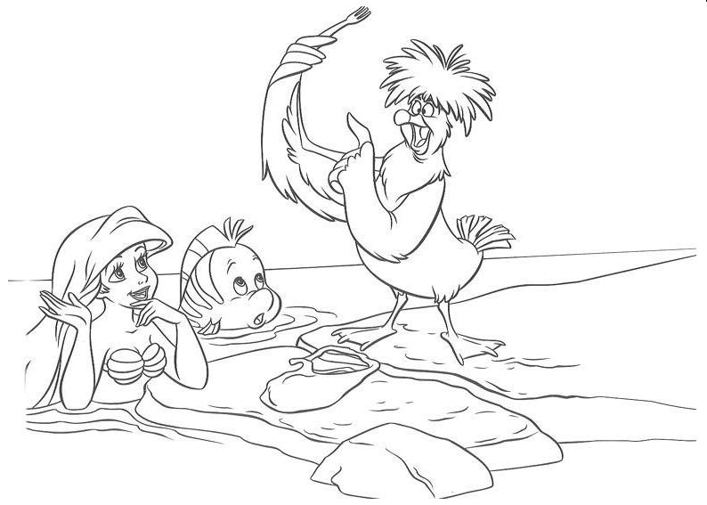 coloriage Arielle la petite sirene ecoute le pelican